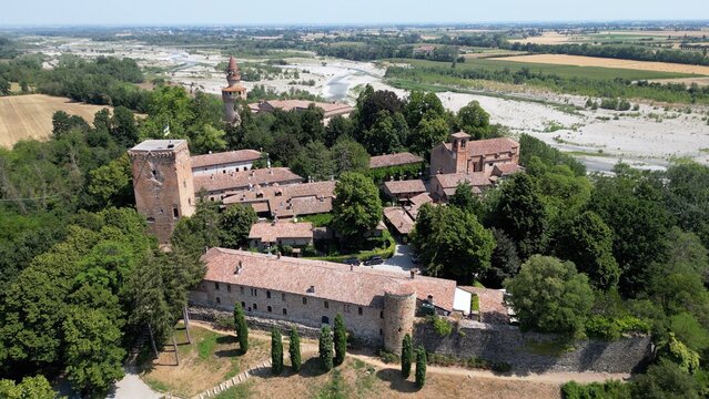 Europe, Italy , Rivergaro , Emilia Romagna - Drone aerial view of Rivalta Castle near Trebbia river 