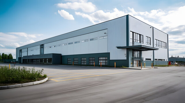 Logistics center, warehouse or large retail store under a blue sky. Generative AI
