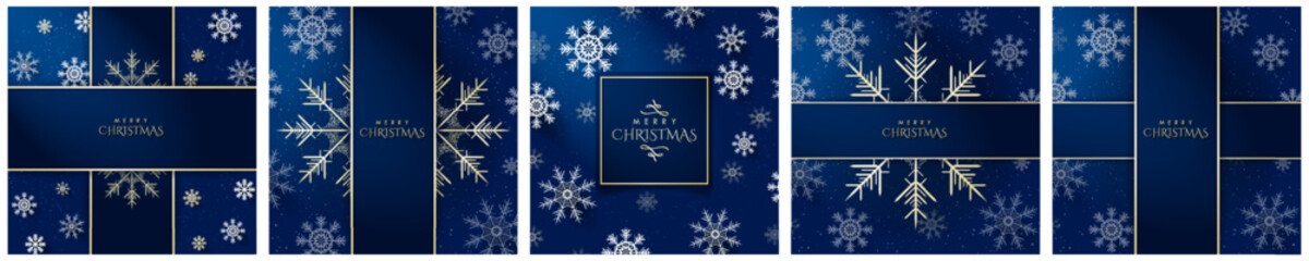 Merry Christmas Cards with 3d white and bright snowflakes on dark blue background. Snowflake pattern. Perfect for winter-themed and Christmas templates. Vector Illustration. EPS 10.