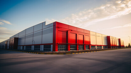 Logistics center, warehouse or large retail store under a blue sky. Generative AI