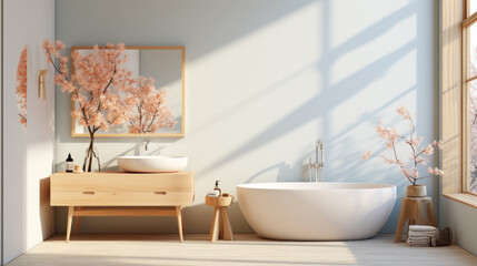 Minimalist white interior bathroom with wooden floor. Generative AI