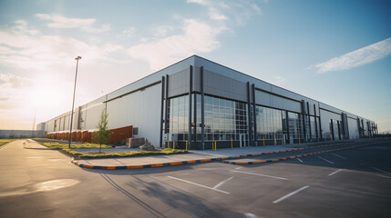 Logistics center, warehouse or large retail store under a blue sky. Generative AI