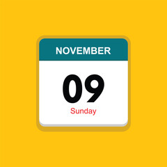 sunday 09 november icon with yellow background, calender icon