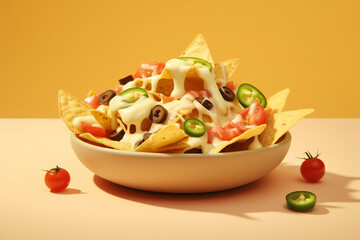 Photography of bowl with corn chips nachos cheese sauce green chilly isolated on yellow beige background created generative ai technology