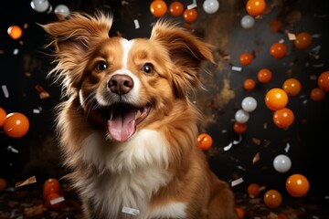 Studio photograph of a pet dog with a whimsical and playful studio background
