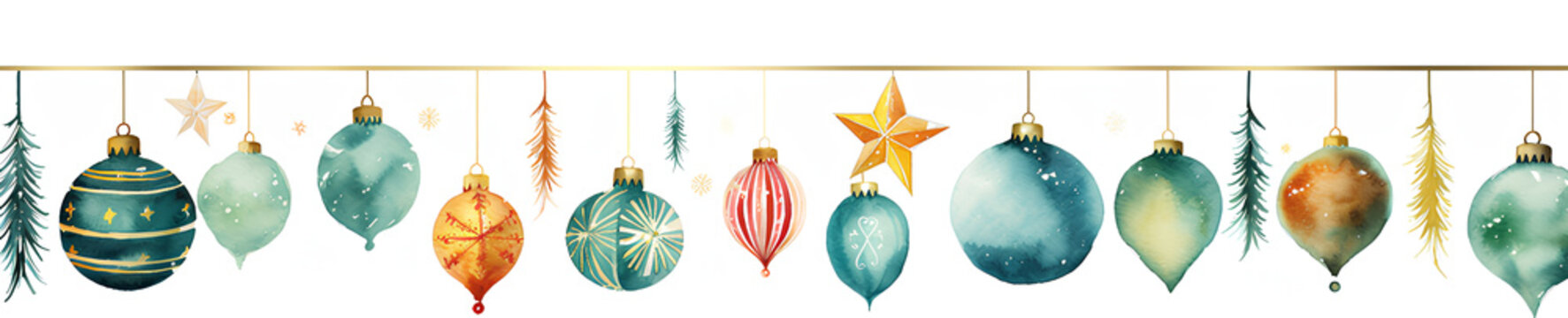 Horizontal banner. Christmas tree garland and ornaments, watercolors - Generative AI