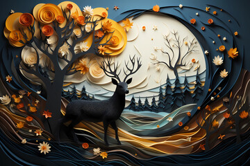 Dark 3d Wall art of a deer standing next to a tree with golden leaves. Natural lake depiction next to the dee, Generative AI