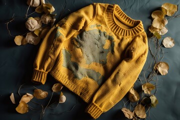 yellow sweatshirt map stained on the floor with dried leaves