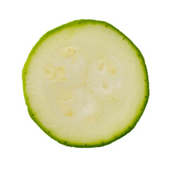 Sliced round piece of zucchini isolated on white background, top view. Single round slice of zucchini isolated on white background, top view. Slice of zucchini on a white background, macro, top view.