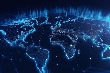 world map with glowing border and connecting lines and blue background