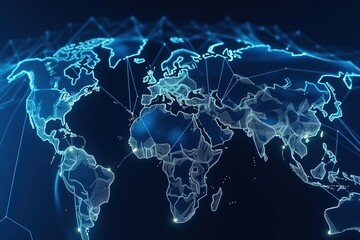 world map with glowing border and connecting lines and blue background