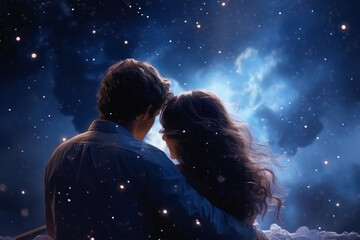 Happy couple of lovers on the background of space. AI generative.