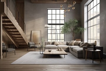 grey themed living room with sofa set plants and lights