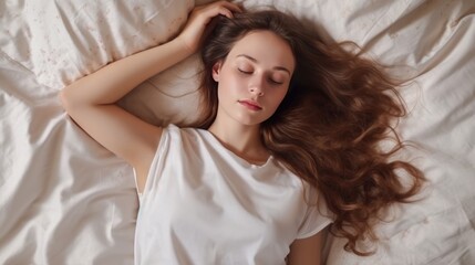 Obraz na płótnie Canvas Top view of a gorgeous woman sleeping happly on a bed
