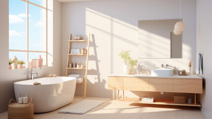 Fototapeta na wymiar Minimalist white interior bathroom with wooden floor. Generative AI