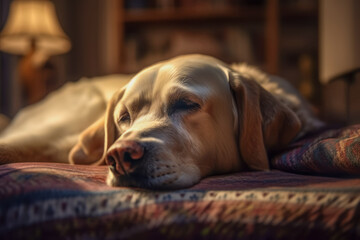 Labrador Retriever dog lying on bed sleeping head down