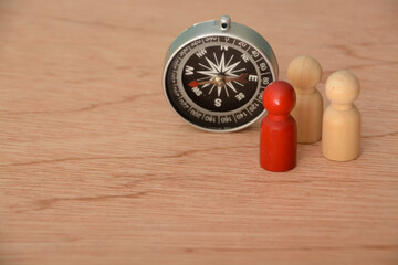 Wooden peoples with compass. A visionary businessman acts as a compass for their team, providing...