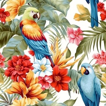 Seamless tropical pattern with parrots