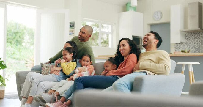 Big family, watching tv and together on couch in home living room for care, comic laugh and excited for comedy. Mother, father and kids with smile for funny movie, video and television show in lounge