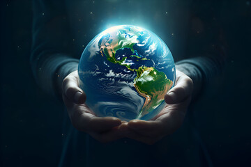 A person holding the planet Earth in the palm of their hands. A symbol of our fragile human planet and the occurring climate change.