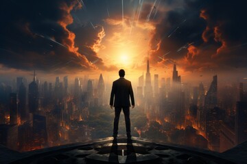 A confident businessperson standing before a soaring city skyline, representing the drive for success. Generative Ai