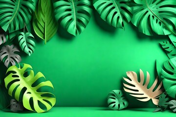 Fototapeta na wymiar 3d render, paper tropical leaves, jungle decor, monstera palm, green background, blank space for text, banner template, digital illustration