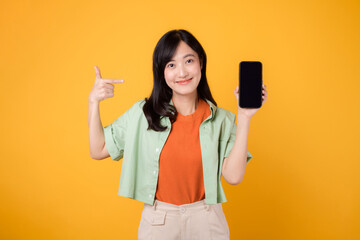 the innovation of new mobile application with young Asian woman 30s, elegantly dressed in orange...