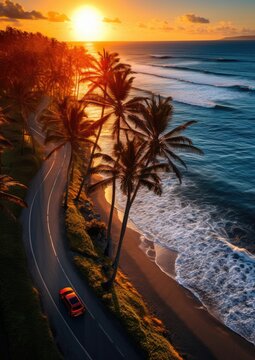 Aerial view on road with red car, with sunset, sea and palms. Summer travel concept. Wallpaper.