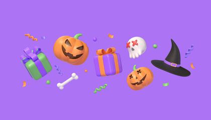 Happy Halloween concept, pumpkin character, gift box, witch hat, skull on purple background. 3d rendering.
