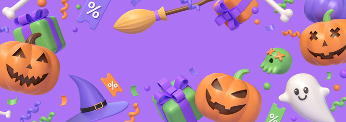 horizontal banner with copy space.gift boxes.3d cartoon style. Festive themed hat for website. Creative Halloween background design. Festive poster on an orange background. 3d rendering