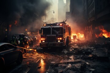 Fototapeta na wymiar A fire service man Heroes in protective workwear fight dangerous flames outdoors