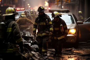 Fototapeta na wymiar A fire service man Heroes in protective workwear fight dangerous flames outdoors
