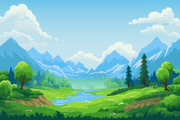 A beautiful landscape, a forest, green trees, flowers and a river against the backdrop of mountains with snow-capped peaks and amazing clouds. Vector illustration.