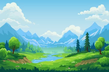 Fotobehang Blauw A beautiful landscape, a forest, green trees, flowers and a river against the backdrop of mountains with snow-capped peaks and amazing clouds. Vector illustration.