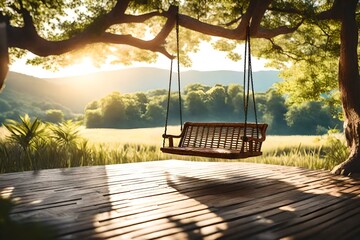 Old wooden terrace with wicker swing hang on the tree with blurry nature background 3d render