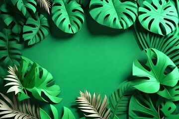 3d render, paper tropical leaves, jungle decor, monstera palm, green background, blank space for text, banner template, digital illustration