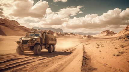 A military truck in the middle of a desert