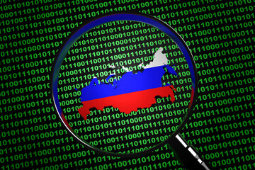 Magnifying glass found the Russia map among computer binary code. Illustration of the concept of Russian Internet hackers - obrazy, fototapety, plakaty