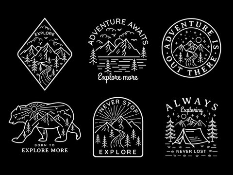 Set of vector line art outdoor designs. Perfect for apparel prints, posters, and other uses. 