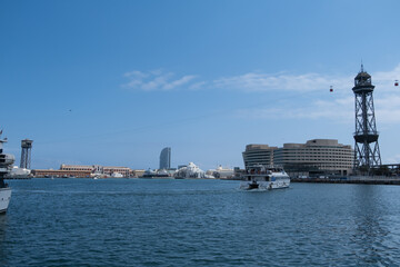 Fototapeta na wymiar Ships in Mediterranean Sea in Port of Barcelona area, Catalonia, Spain