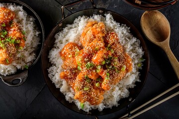 Savory Delights: Close-Up of Deep-Fried Orange Chicken Served on a Bed of Steamed White Rice, Captured in 4K Resolution
