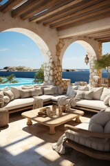 Obraz premium Minimalist greek resort by the sea. Indoor outdoor space with lounging furniture, with cushions and throw. Generative AI