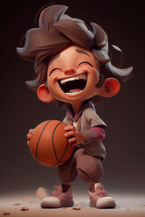 3D character caricature of a little smiling baby playing basketball