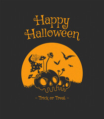 Happy halloween banner or party invitation background with violet fog clouds and pumpkins	