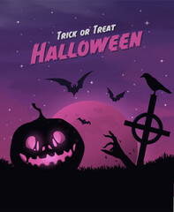 Happy halloween banner or party invitation background with violet fog clouds and pumpkins	