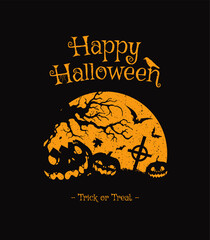 Happy halloween banner or party invitation background with violet fog clouds and pumpkins	