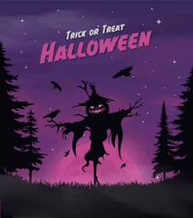 Happy halloween banner or party invitation background with violet fog clouds and pumpkins	