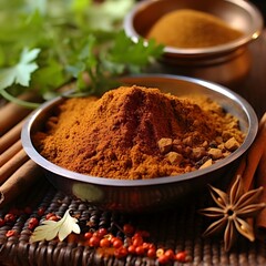 Spice blend called Moroccan Marvel made of grounded cumin, cinnamon, ginger, coriander, paprika and a pinch of cayenne pepper. Spices, tasty, moroccan spice. Created with Generative AI Technology. 