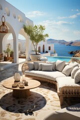 Minimalist greek resort by the sea. Indoor outdoor space with lounging furniture, with cushions and throw. Generative AI