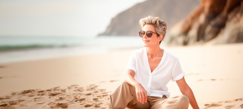a smiling mature woman in white clothes having a walk in the beach